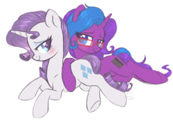Size: 2951x2071 | Tagged: safe, artist:hawthornss, rarity, oc, oc:scribble script, pony, unicorn, g4, blushing, canon x oc, cuddling, cute, female, glasses, high res, lesbian, lidded eyes, looking at each other, lying down, prone, shipping, simple background, smiling, snuggling, underhoof, white background