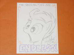 Size: 2592x1944 | Tagged: safe, artist:andy price, scootaloo, pegasus, pony, g4, bust, commission, female, filly, gasp, open mouth, portrait, quote, sketch, solo, text, the possibilities are endless!, traditional art, vienna comic con