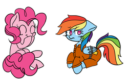 Size: 636x396 | Tagged: safe, artist:alyssajayfeather, pinkie pie, rainbow dash, g4, bound wings, chains, clothes, eyes closed, floppy ears, hoof on chin, laughing, prison outfit, prisoner, prisoner rd