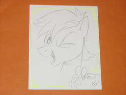 Size: 2592x1944 | Tagged: safe, artist:andypriceart, crackle pop, pegasus, pony, g4, the cart before the ponies, colt, commission, male, one eye closed, open mouth, sketch, solo, vienna comic con, wink