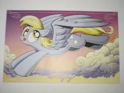 Size: 2592x1944 | Tagged: safe, artist:andy price, derpy hooves, pegasus, pony, g4, cloud, derp, female, flying, looking at you, mare, poster, print, sky, smiling, solo, tongue out, vienna comic con