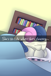 Size: 1440x2160 | Tagged: safe, artist:supercoco142, bon bon, sweetie drops, earth pony, pony, g4, bed, blanket, book, bookshelf, eyes closed, female, pillow, prone, sleeping, snapchat, solo