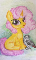 Size: 1750x2869 | Tagged: safe, artist:karredroses, red roses, parrot, pony, unicorn, g1, g4, female, filly, g1 to g4, generation leap, solo, tongue out, traditional art, young, younger