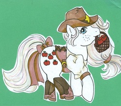 Size: 636x556 | Tagged: safe, artist:skypinpony, applejack (g1), g1, apple, basket, boots, clothes, cowboy boots, cowboy hat, female, food, hat, mouth hold, sheriff, solo, traditional art