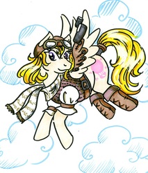 Size: 587x688 | Tagged: safe, artist:skypinpony, lofty, g1, art trade, boots, clothes, cloud, female, flying, goggles, hat, markers, scarf, solo, steampunk, traditional art