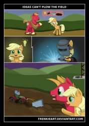 Size: 1700x2400 | Tagged: safe, artist:frenkieart, applejack, big macintosh, earth pony, pony, g4, where the apple lies, blowtorch, comic, engineering, eyes closed, female, genius, idea, lightbulb, male, mare, open mouth, plow, raised hoof, stallion, technology, teenage applejack, teenage big macintosh, thought bubble, welding mask, wide eyes, younger