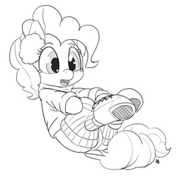 Size: 1280x1271 | Tagged: safe, artist:pabbley, pinkie pie, g4, boots, bundled up, bundled up for winter, cute, diapinkes, earmuffs, female, monochrome, on back, simple background, solo, white background, winter outfit