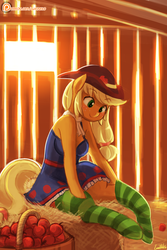 Size: 750x1125 | Tagged: safe, artist:lumineko, applejack, earth pony, anthro, unguligrade anthro, g4, apple, arm hooves, barn, clothes, cute, equestria girls outfit, fall formal outfits, female, food, hat, hay, jackabetes, patreon, patreon logo, smiling, socks, solo, stockings, striped socks