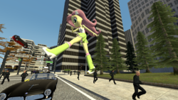 Size: 3020x1698 | Tagged: safe, artist:scalelover, fluttershy, human, equestria girls, g4, 3d, city, clothes, destruction, female, giantess, giantshy, gmod, kick, macro, people, request, scenery, skirt, solo, tank top, vehicle