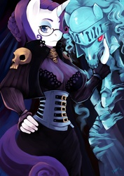 Size: 2480x3508 | Tagged: safe, artist:dozer, rarity, anthro, g4, breasts, busty rarity, cleavage, clothes, corset, crossover, female, glasses, grimgrimoire, high res, looking at you, pixiv, red eye, skull