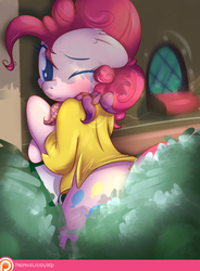 Size: 992x1346 | Tagged: safe, artist:sip, pinkie pie, earth pony, pony, g4, bush, clothes, crying, female, looking at you, looking back, mare, one eye closed, patreon, patreon logo, shirt, solo
