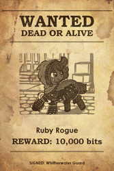Size: 467x700 | Tagged: safe, artist:ficficponyfic, edit, oc, oc only, oc:ruby rouge, earth pony, pony, colt quest, adult, armor, belt, boots, female, future, hood, mare, scar, smirk, sneer, solo, wanted poster