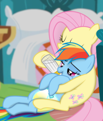 Size: 3000x3529 | Tagged: safe, artist:twilights-secret, fluttershy, rainbow dash, pegasus, pony, g4, adult foal, baby bottle, bed, covering, crossed legs, crying, diaper, diaper fetish, drinking, duo, duo female, eyes closed, female, fluttershy's cottage, fluttershy's cottage (interior), high res, holding, hug, lidded eyes, mare, maternal instinct, milk, non-baby in diaper, on back, open mouth, pillow, sitting, smiling, snuggling, tears of joy, urine, wet, wet diaper, wingless