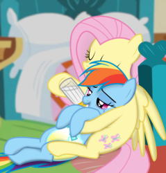 Size: 3369x3529 | Tagged: safe, artist:twilights-secret, fluttershy, rainbow dash, pegasus, pony, g4, adult foal, baby bottle, bed, covering, crossed legs, crying, diaper, diaper fetish, drinking, duo, duo female, eyes closed, female, fluttershy's cottage, fluttershy's cottage (interior), high res, holding, hug, lidded eyes, mare, maternal instinct, milk, non-baby in diaper, on back, open mouth, pillow, sitting, smiling, snuggling, spread wings, tears of joy, urine, wet, wet diaper