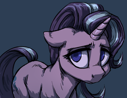 Size: 1300x1000 | Tagged: safe, artist:mav, starlight glimmer, pony, unicorn, g4, blue background, colored pupils, empty eyes, female, floppy ears, frown, looking at you, mare, sad, sadlight glimmer, simple background, solo