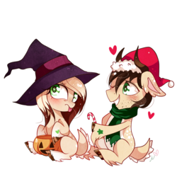 Size: 1200x1200 | Tagged: safe, artist:ipun, oc, oc only, candy, candy cane, clothes, food, halloween, hat, heart, heart eyes, holiday, jack-o-lantern, pumpkin, santa hat, scarf, simple background, transparent background, unshorn fetlocks, wingding eyes, witch hat