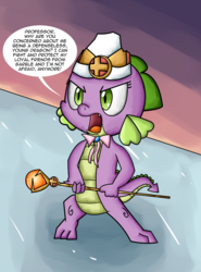 Size: 2756x3720 | Tagged: safe, artist:chiptunebrony, idw, spike, g4, accessory, angry, angry eyes, barb, cap, cleric, comic style, confrontation, defending, dusk, emblem, final battle, glowing, guardians of harmony, hat, high res, ice, idw publishing, nightfall, orb, reflection, ribbon, rod, rule 63, solo, staff, style emulation