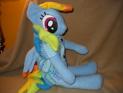 Size: 3648x2736 | Tagged: safe, artist:digigirl789, rainbow dash, g4, anthro plushie, clothes, high res, irl, photo, plushie, sitting, solo