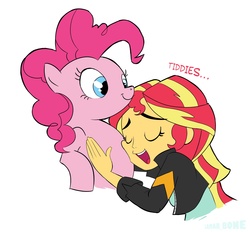 Size: 1883x1746 | Tagged: safe, artist:lamar_bone, derpibooru exclusive, pinkie pie, sunset shimmer, pony, equestria girls, g4, breasts, clothes, delicious flat chest, dialogue, duo, eyes closed, female, interspecies, leather jacket, lesbian, open mouth, pinkie loves bacon bits, role reversal, ship:sunsetpie, shipping, simple background, smiling, white background