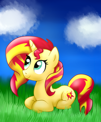 Size: 1250x1500 | Tagged: safe, artist:cooky-the-cat, sunset shimmer, pony, unicorn, cloud, cute, female, grass, looking up, prone, shimmerbetes, sky, smiling, solo