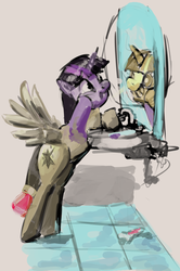 Size: 1290x1939 | Tagged: safe, artist:toisanemoif, twilight sparkle, alicorn, pony, g4, bathroom, inanimate tf, mirror, newbie artist training grounds, scepter, solo, story in the comments, transformation, twilight scepter, twilight sparkle (alicorn)
