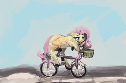 Size: 2276x1507 | Tagged: safe, artist:toisanemoif, fluttershy, g4, bicycle, exhausted, female, lineless, newbie artist training grounds, solo, tired