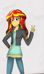 Size: 1024x1693 | Tagged: safe, artist:blodyslipness, sunset shimmer, equestria girls, g4, clothes, female, leather jacket, looking at you, pants, peace sign, smiling, solo, spanish, text