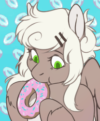 Size: 875x1058 | Tagged: safe, artist:somepony-ul, oc, oc only, pegasus, pony, :t, animated, cute, digital art, donut, eating, female, food, gif, hoof hold, looking at you, looking down, mare, mouth hold, nom, smiling, solo