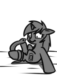 Size: 488x638 | Tagged: safe, artist:neuro, oc, oc only, oc:littlepip, pony, snake, unicorn, fallout equestria, :p, adorable distress, black and white, boop, cute, danger noodle, fanfic, fanfic art, female, filly, filly littlepip, floppy ears, frown, grayscale, hooves, horn, licking, monochrome, on back, scared, simple background, solo, tongue out, transparent background, wide eyes