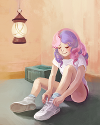 Size: 800x999 | Tagged: safe, artist:yanabau, sweetie belle, human, g4, box, clothes, clubhouse, crusaders clubhouse, female, humanized, lamp, shoes, sitting, sneakers, solo