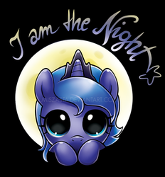 Size: 500x538 | Tagged: safe, artist:miszasta, princess luna, alicorn, pony, g4, big eyes, black background, bust, cute, dilated pupils, female, filly, front view, full face view, full moon, i am the night, leaning, looking at you, lunabetes, moon, portrait, simple background, solo, text, weapons-grade cute, woona, younger