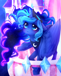 Size: 1024x1287 | Tagged: safe, artist:nappinen, princess luna, g4, balcony, color porn, female, floppy ears, looking up, solo