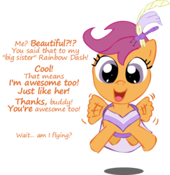 Size: 1232x1270 | Tagged: safe, artist:newportmuse, part of a set, scootaloo, pegasus, pony, g4, beautiful, clothes, cute, cutealoo, dialogue, dress, everypony is beautiful, female, flying, gala dress, happy, looking at you, offscreen character, open mouth, part of a series, scootaloo can fly, scootalove, simple background, smiling, solo, spread wings, transparent background