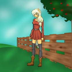 Size: 1024x1024 | Tagged: safe, artist:nwinter3, applejack, earth pony, anthro, g4, apple tree, boots, clothes, female, fence, hatless, missing accessory, shirt, skirt, socks, solo, thigh highs