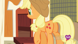 Size: 1100x618 | Tagged: safe, screencap, applejack, earth pony, pony, g4, simple ways, butt, female, freckles, hub logo, mare, plot, solo