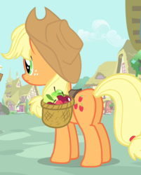 Size: 579x720 | Tagged: safe, screencap, applejack, earth pony, pony, g4, simple ways, apple, basket, butt, cropped, female, food, freckles, mare, plot, solo
