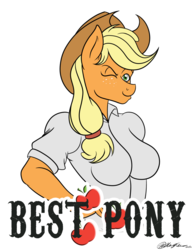 Size: 1024x1325 | Tagged: safe, artist:sketchychangeling, applejack, earth pony, anthro, g4, best pony, breasts, busty applejack, clothes, female, hand on hip, one eye closed, shirt, simple background, solo, transparent background, wink