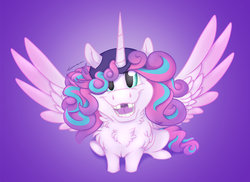 Size: 1280x931 | Tagged: safe, artist:stjarnamenne, princess flurry heart, g4, chest fluff, female, gap teeth, gradient background, happy, hat, looking at you, open mouth, smiling, solo, spread wings