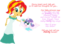 Size: 1404x990 | Tagged: safe, artist:newportmuse, part of a set, princess flurry heart, sunset shimmer, equestria girls, g4, auntie sunset, beautiful, clothes, cute, dialogue, dress, duo, everypony is beautiful, flurrybetes, flying, magic, open mouth, part of a series, shimmerbetes, simple background, smiling, spread wings, transparent background