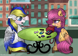 Size: 1024x740 | Tagged: safe, artist:northlights8, scootaloo, oc, pegasus, pony, g4, blushing, duo, grin, makeup, smiling