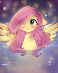Size: 968x1228 | Tagged: safe, artist:windymils, fluttershy, firefly (insect), pegasus, pony, blushing, bust, colored pupils, cute, female, floppy ears, looking at you, mare, portrait, shyabetes, solo, spread wings, teary eyes, water