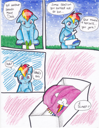 Size: 2552x3296 | Tagged: safe, artist:tristanjsolarez, rainbow dash, pegasus, pony, comic:trans ponies, g4, clothes, comic, male, package, present, rainbow blitz, rule 63, scarf, simple background, solo, stallion, traditional art, transgender