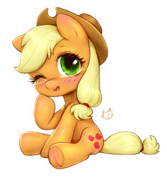 Size: 600x638 | Tagged: safe, artist:catmag, applejack, earth pony, pony, g4, blushing, chibi, crying, cute, female, freckles, hat, jackabetes, looking at you, one eye closed, open mouth, simple background, sitting, smiling, solo, underhoof, white background, wink