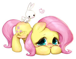 Size: 800x617 | Tagged: safe, artist:catmag, angel bunny, fluttershy, pegasus, pony, g4, blushing, chibi, crying, cute, duo, female, looking at you, open mouth, sad, sadorable, shyabetes, simple background, spread wings, white background