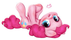 Size: 800x448 | Tagged: safe, artist:catmag, pinkie pie, earth pony, pony, g4, blushing, chibi, cute, diapinkes, female, legs in air, looking at you, on back, open mouth, simple background, smiling, solo, underhoof, white background