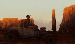 Size: 2400x1400 | Tagged: safe, artist:celestiawept, scootaloo, g4, car, chevrolet, desert, female, hot rod, looking away, lying down, mad max, mad max fury road, neckerchief, scenery, solo, supercharger, v8