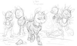 Size: 1500x900 | Tagged: safe, artist:celestiawept, oc, oc only, oc:blackjack, oc:morning glory (project horizons), oc:p-21, oc:rampage, fallout equestria, fallout equestria: project horizons, monochrome, sketch