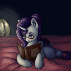 Size: 1500x1500 | Tagged: safe, artist:kira-minami, opalescence, rarity, pony, unicorn, g4, alternate hairstyle, bed, book, female, glasses, reading, solo