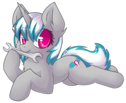 Size: 2192x1785 | Tagged: safe, artist:sapphfyr, oc, oc only, oc:windshear, pony, unicorn, mouth hold, prone, simple background, smiling, solo, transparent background, wrench