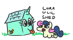 Size: 673x375 | Tagged: safe, artist:jargon scott, bon bon, lyra heartstrings, sweetie drops, earth pony, pony, g4, :o, :p, adorabon, alternate cutie mark, bon bon is not amused, chibi, cute, dialogue, female, glare, implied vulgar, l.u.l.s., mare, not salmon, objectification, open mouth, pun, shed, silly, simple background, smiling, squatbon, squatpony, tongue out, unamused, wat, white background